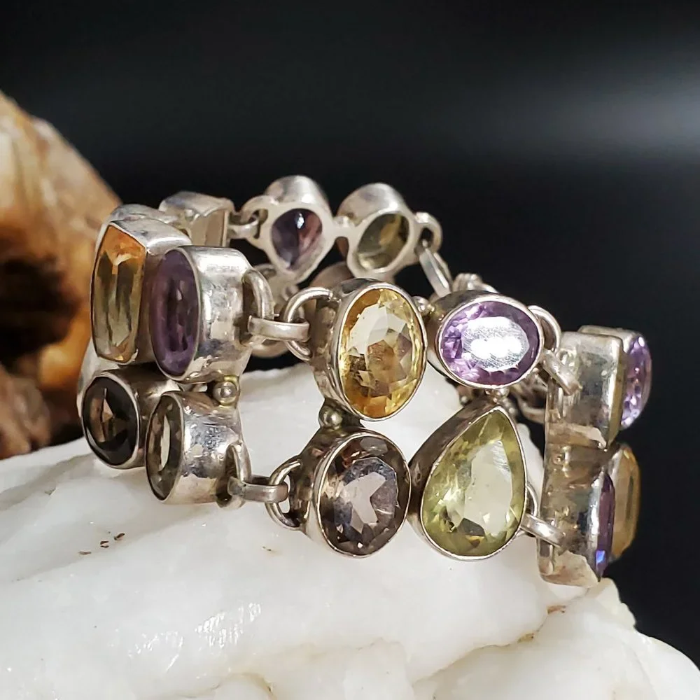 Heavy Sterling Silver Bracelet 925 Genuine Gem Amethyst Citrine Chocolate Topaz